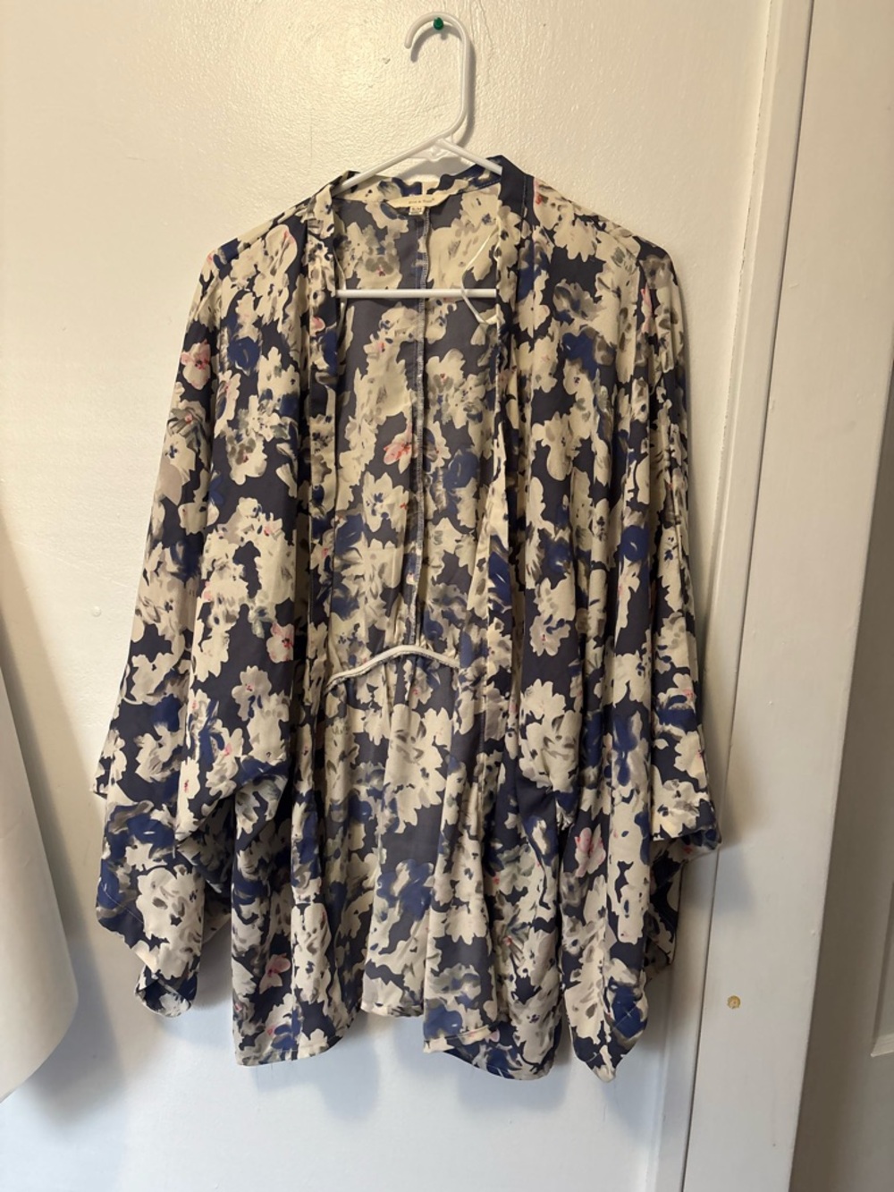 Floral Print Open-Front Kimono Cardigan - Navy & Cream